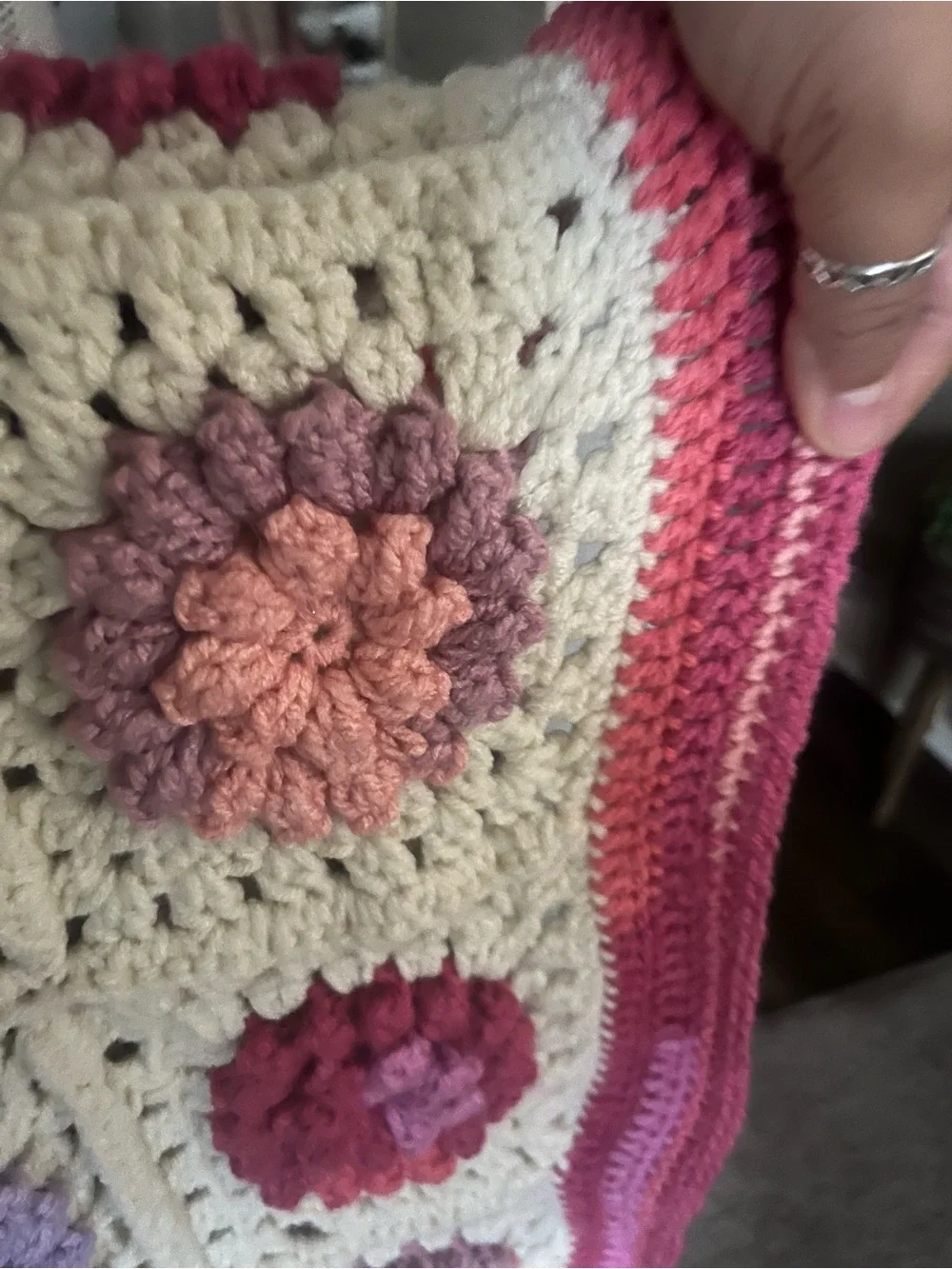 Handmade Crochet Floral Quilt Throw - Pink, Purple & Cream